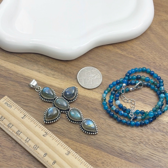 XL Flash Labradorite Cross Pendant Necklace Southwest Boho 925 Sterling Overlay - Picture 5 of 5